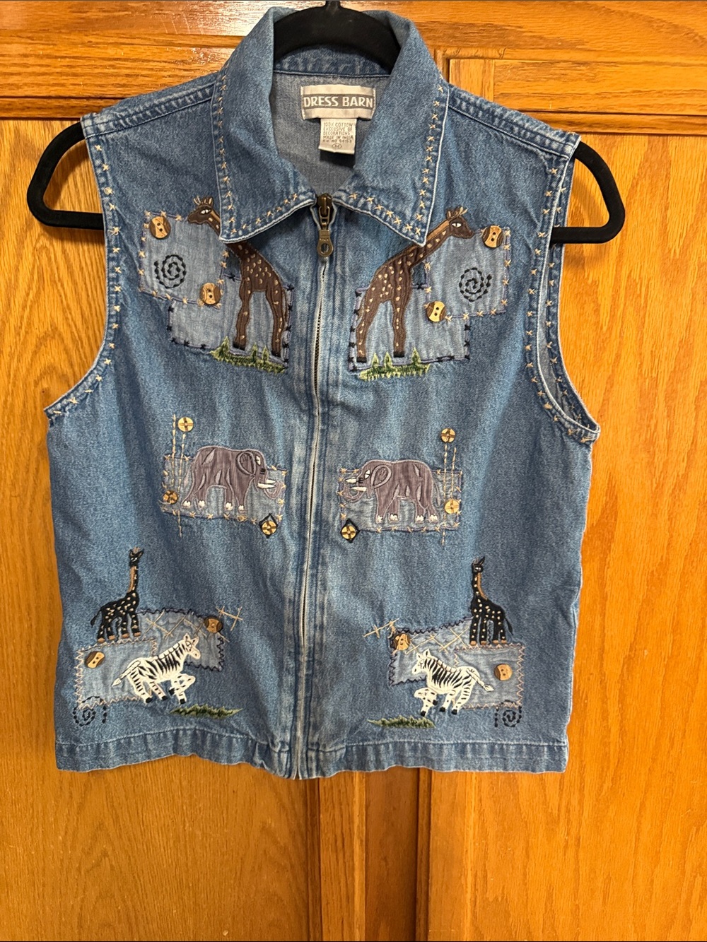 Vintage Dress Barn Blue Denim Sleeveless Jacket with Animal Embroidery